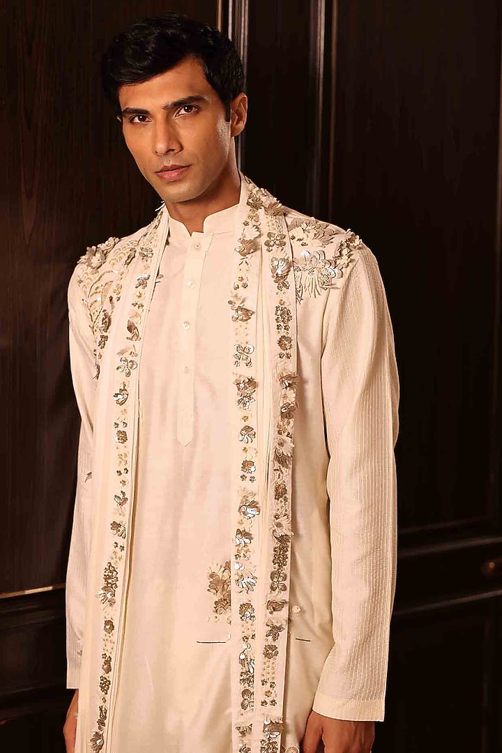 Ivory Georgette Hand Embroidered Stole by Sahil Kochhar Men at Pernia's Pop Up Shop