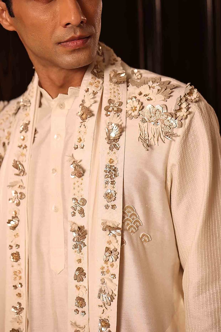 Ivory Georgette Hand Embroidered Stole by Sahil Kochhar Men at Pernia's Pop Up Shop