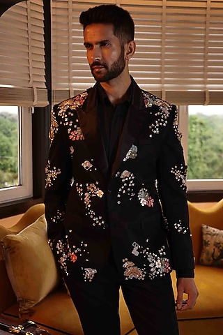 Black Suiting Hand Embroidered Tuxedo by Sahil Kochhar Men