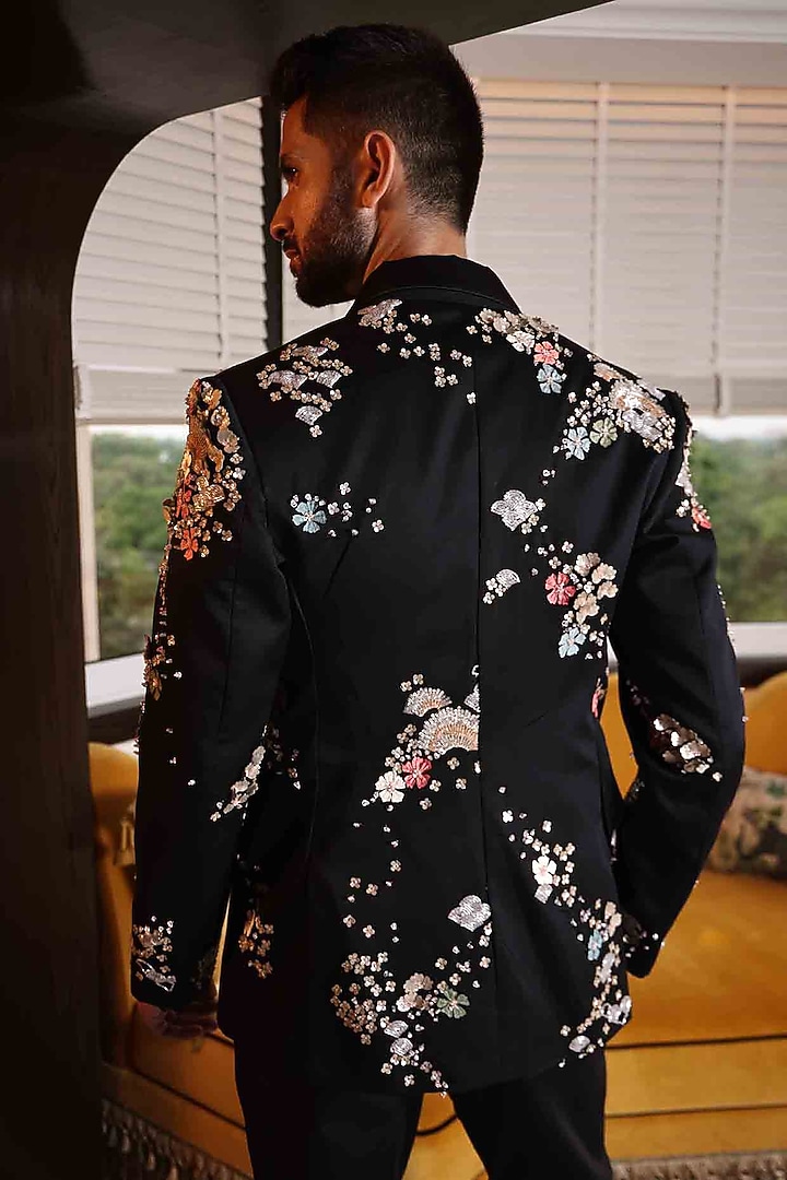 Black Suiting Hand Embroidered Tuxedo by Sahil Kochhar Men at Pernia's Pop Up Shop