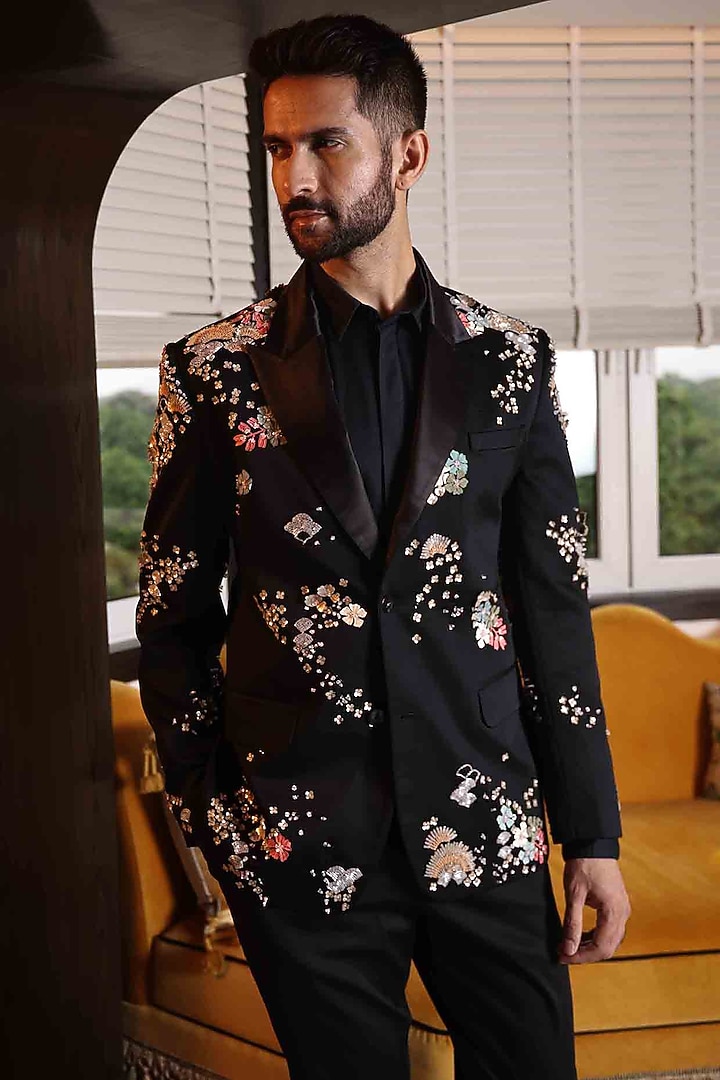 Black Suiting Hand Embroidered Tuxedo by Sahil Kochhar Men at Pernia's Pop Up Shop