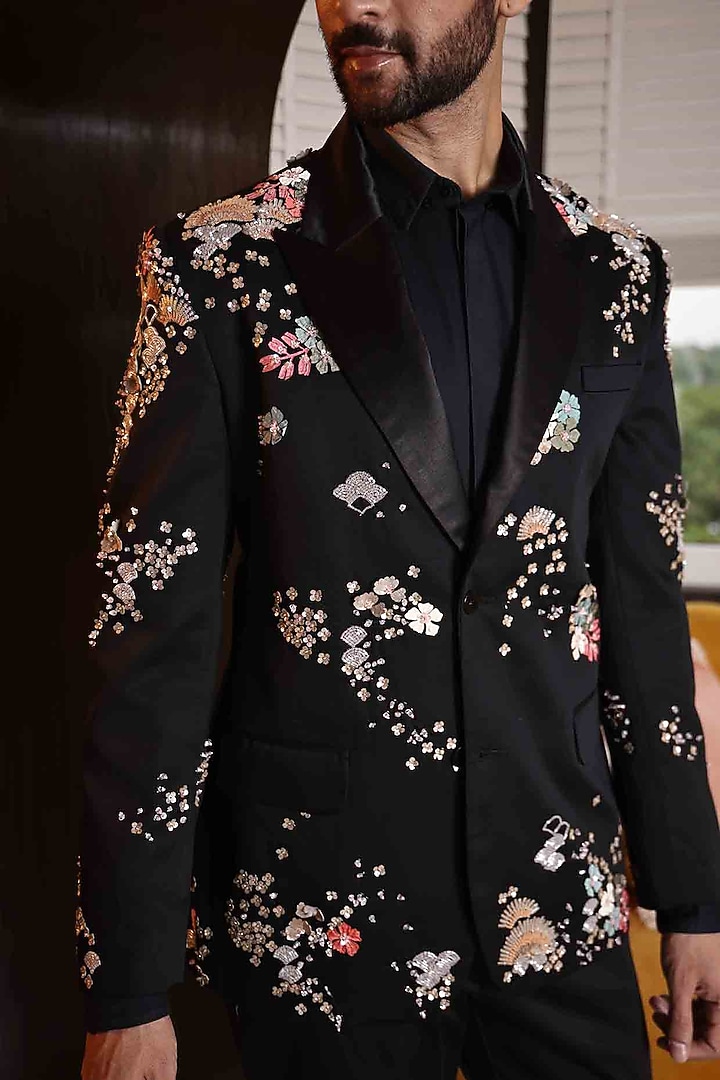 Black Suiting Hand Embroidered Tuxedo by Sahil Kochhar Men at Pernia's Pop Up Shop