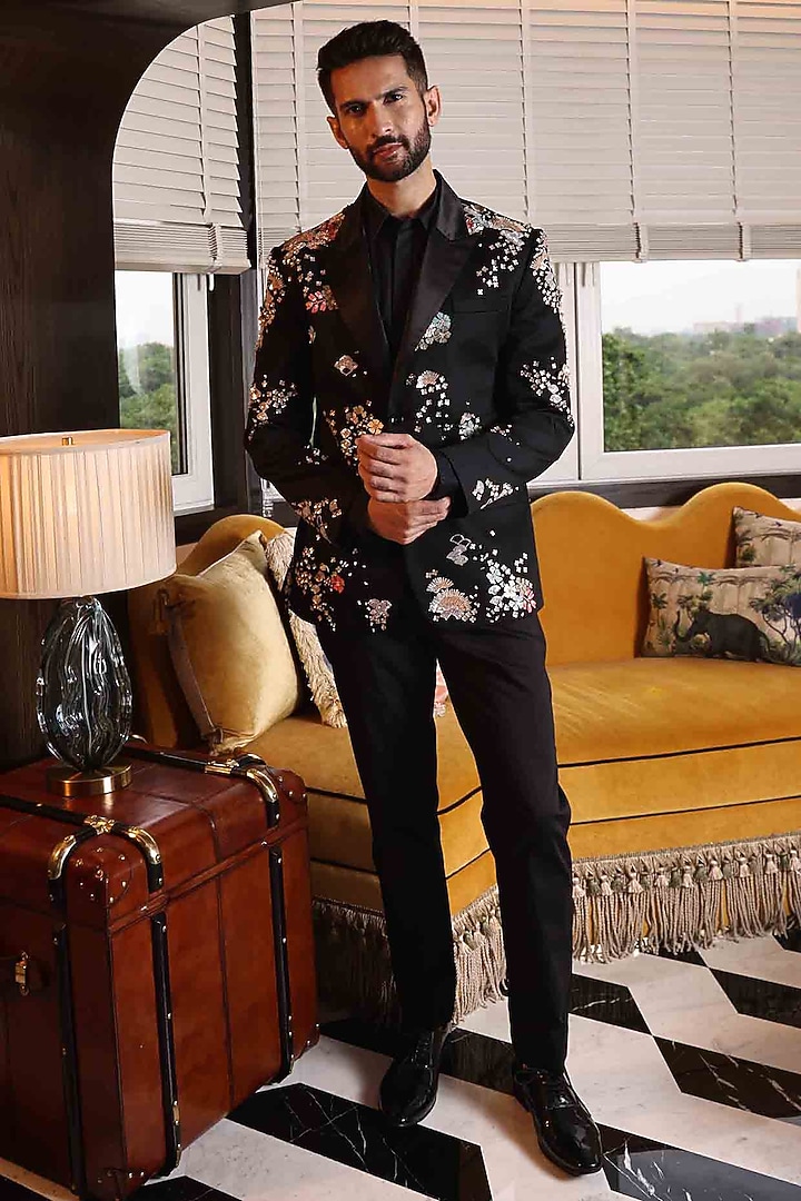 Black Suiting Hand Embroidered Tuxedo by Sahil Kochhar Men at Pernia's Pop Up Shop