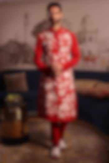 Red Katan Fabric Hand Embroidered Kurta Set by Sahil Kochhar Men at Pernia's Pop Up Shop