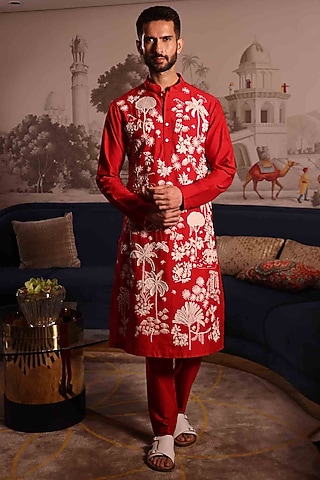 Red Katan Fabric Hand Embroidered Kurta Set by Sahil Kochhar Men