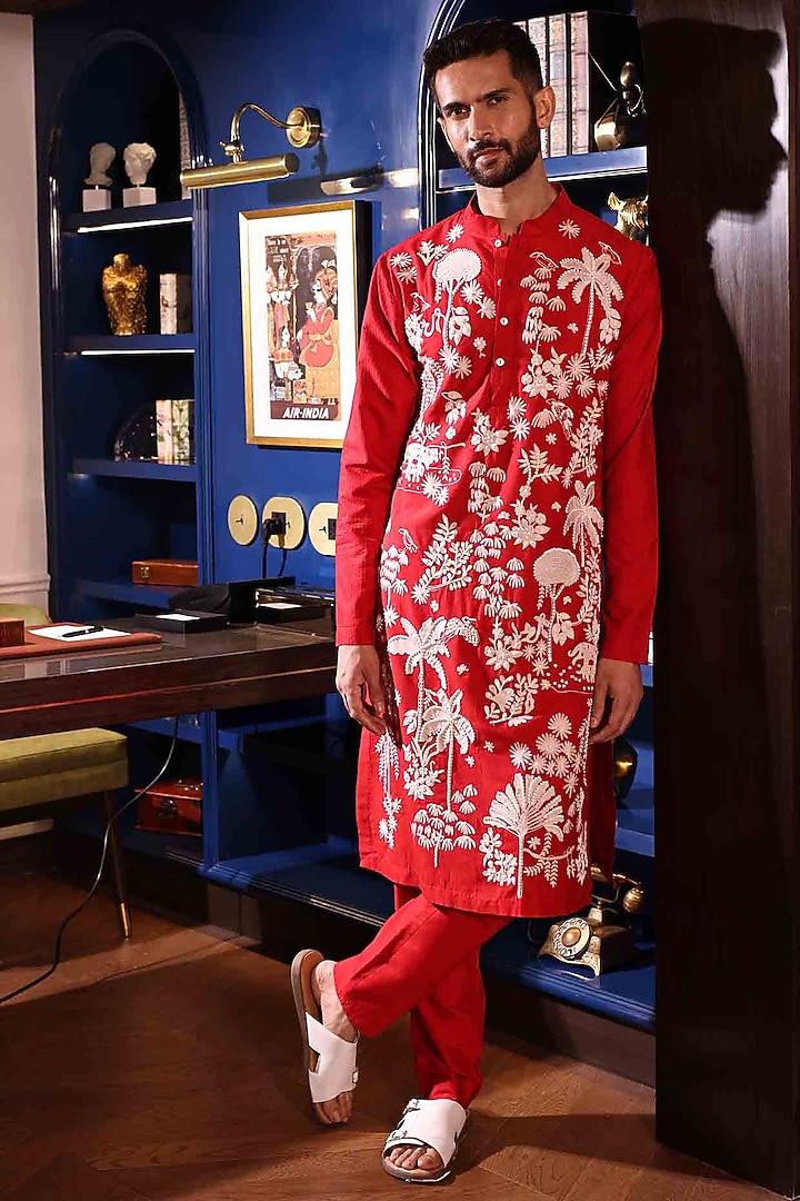 Red Katan Fabric Hand Embroidered Kurta Set by Sahil Kochhar Men at Pernia's Pop Up Shop