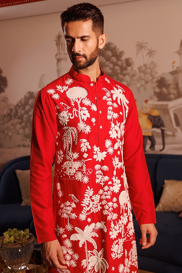 Red Katan Fabric Hand Embroidered Kurta Set by Sahil Kochhar Men at Pernia's Pop Up Shop