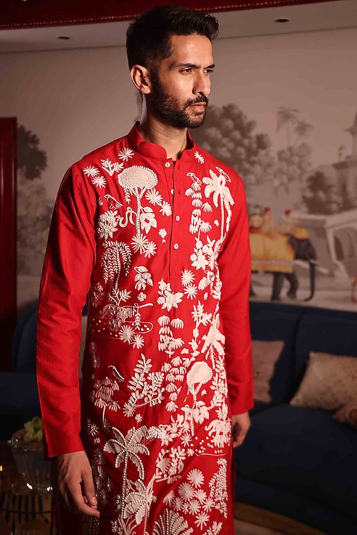 Red Katan Fabric Hand Embroidered Kurta Set by Sahil Kochhar Men at Pernia's Pop Up Shop