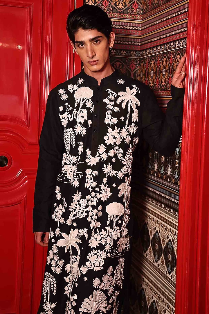 Black Katan Fabric Hand Embroidered Kurta Set by Sahil Kochhar Men at Pernia's Pop Up Shop