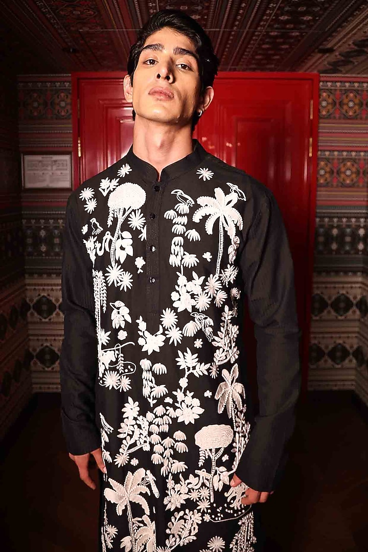 Black Katan Fabric Hand Embroidered Kurta Set by Sahil Kochhar Men at Pernia's Pop Up Shop