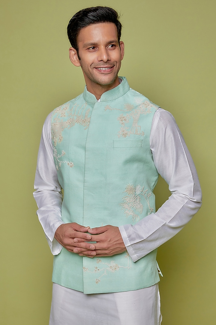 Light Blue Matka Silk Thread Embroidered Bundi Jacket by Sahil Kochhar Men at Pernia's Pop Up Shop