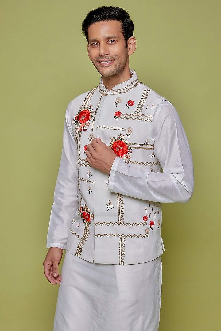 Ivory Matka Silk Floral Embroidered Bundi Jacket by Sahil Kochhar Men at Pernia's Pop Up Shop