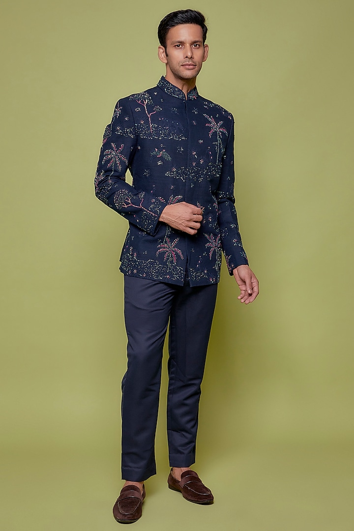 Navy Blue Matka Silk Embroidered Bandhgala Set by Sahil Kochhar Men