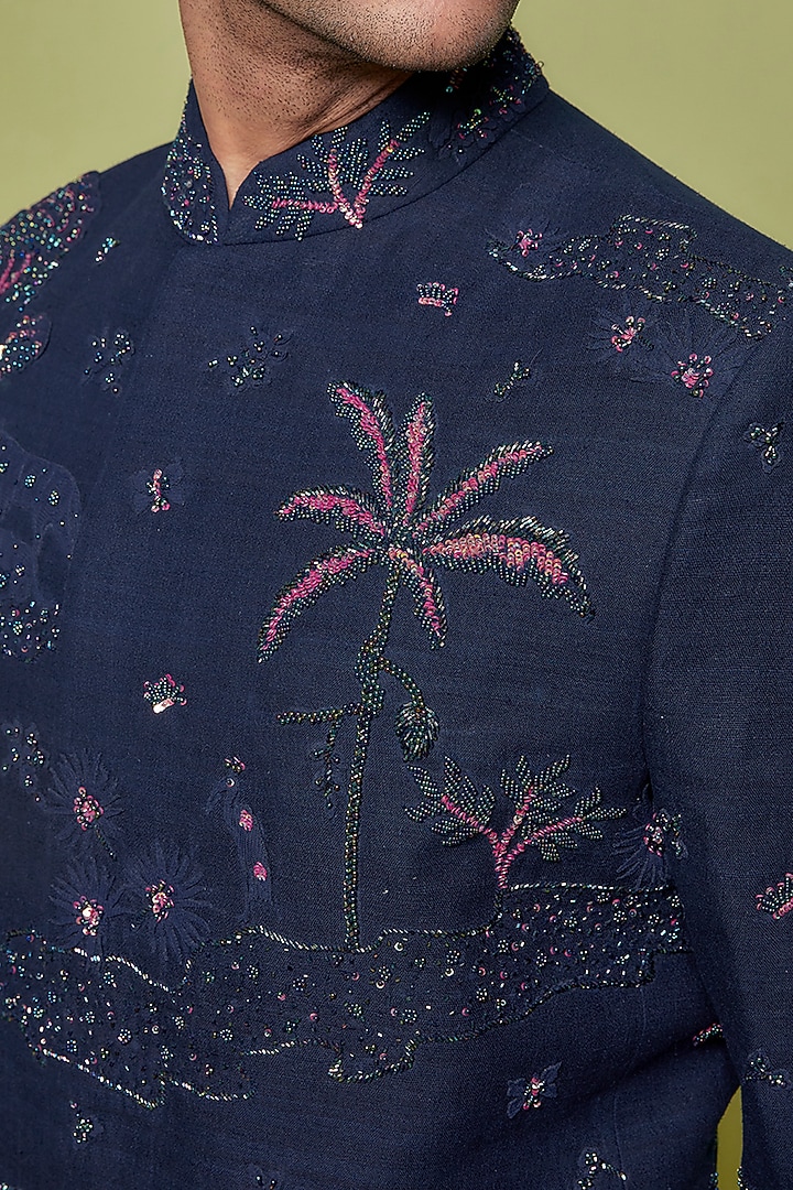 Navy Blue Matka Silk Embroidered Groom Bandhgala Set by Sahil Kochhar Men at Pernia's Pop Up Shop