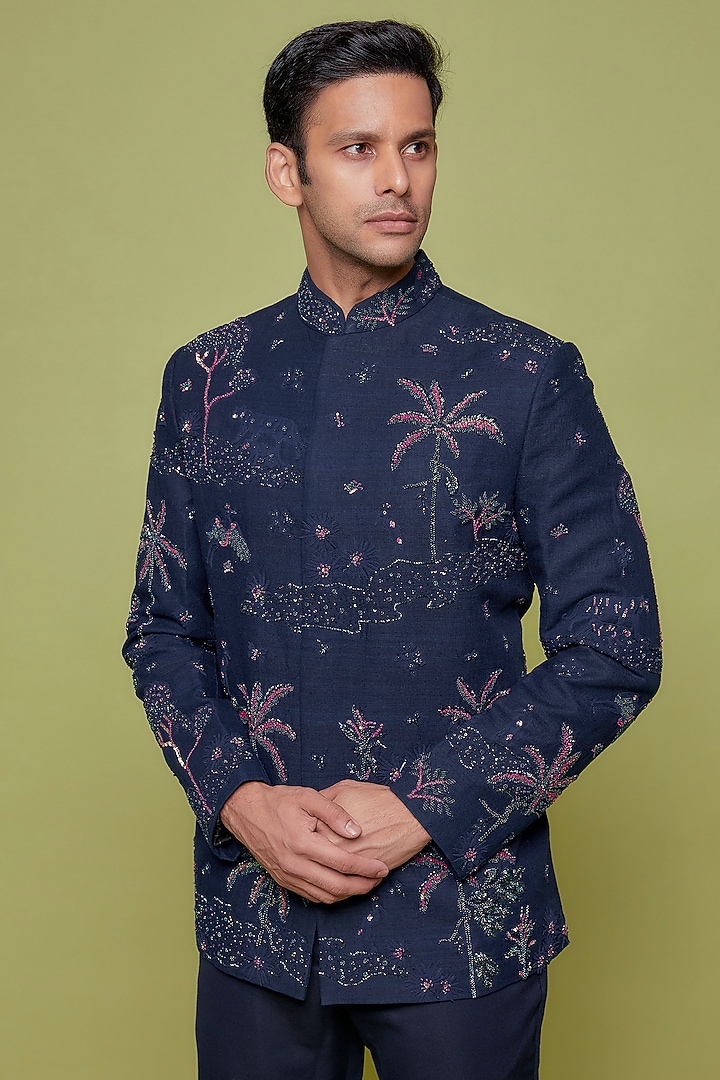 Navy Blue Matka Silk Embroidered Groom Bandhgala Set by Sahil Kochhar Men at Pernia's Pop Up Shop