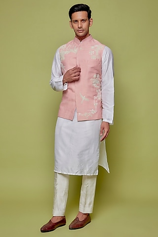 Pink Matka Silk Embroidered Bundi Jacket by Sahil Kochhar Men