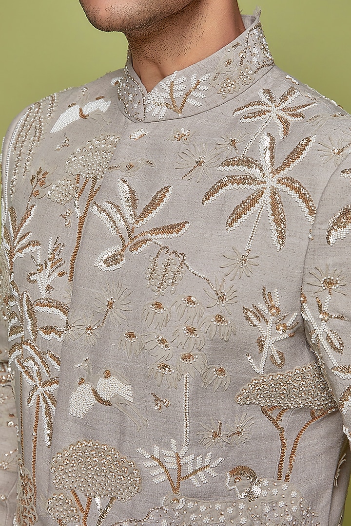 Grey Matka Silk Embroidered Groom Sherwani Set by Sahil Kochhar Men at Pernia's Pop Up Shop