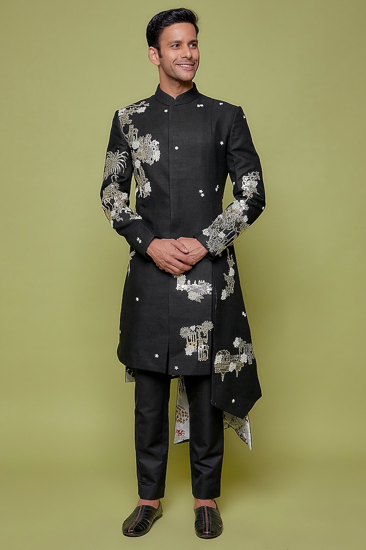Black Matka Silk Embroidered Indowestern Jacket by Sahil Kochhar Men