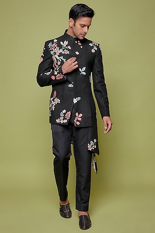 Black Matka Silk Embroidered Bandhgala Set by Sahil Kochhar Men