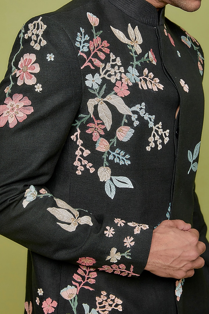 Black Matka Silk Embroidered Bandhgala Set by Sahil Kochhar Men at Pernia's Pop Up Shop