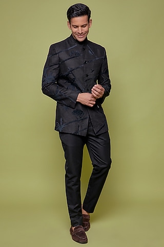 Black Matka Silk Embroidered Bandhgala Set by Sahil Kochhar Men