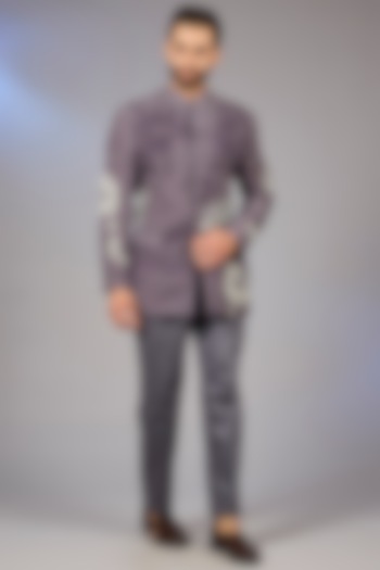 Deep Mauve Matka Silk Embroidered Bandhgala Jacket by Sahil Kochhar Men at Pernia's Pop Up Shop