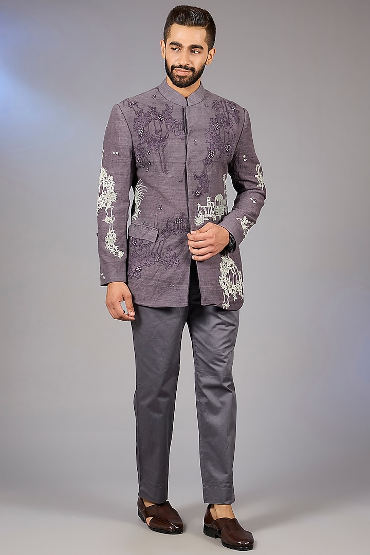 Deep Mauve Matka Silk Embroidered Bandhgala Jacket by Sahil Kochhar Men at Pernia's Pop Up Shop