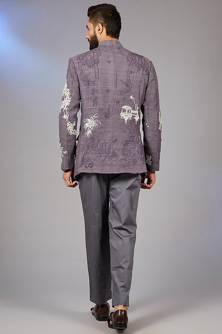 Deep Mauve Matka Silk Embroidered Bandhgala Jacket by Sahil Kochhar Men at Pernia's Pop Up Shop