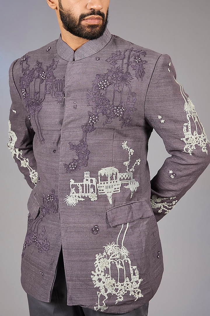 Deep Mauve Matka Silk Embroidered Bandhgala Jacket by Sahil Kochhar Men at Pernia's Pop Up Shop