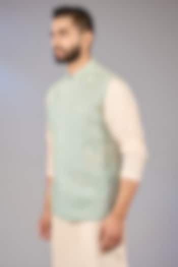 Ice Blue Silk Bundi Jacket by Sahil Kochhar Men at Pernia's Pop Up Shop