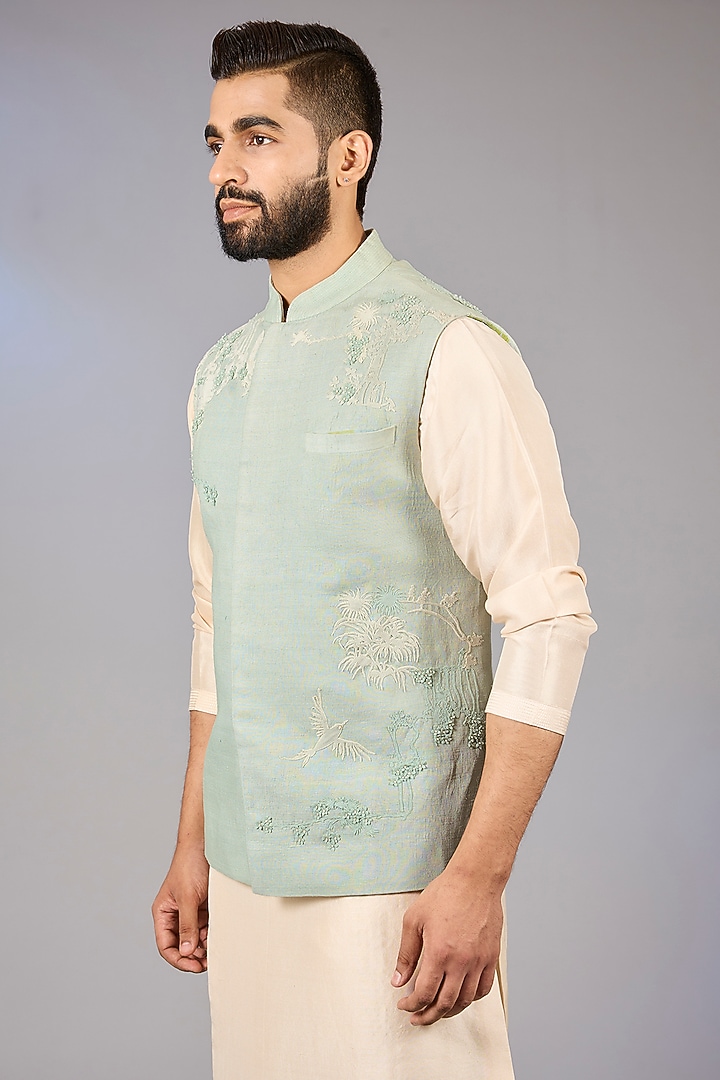 Ice Blue Silk Bundi Jacket by Sahil Kochhar Men at Pernia's Pop Up Shop