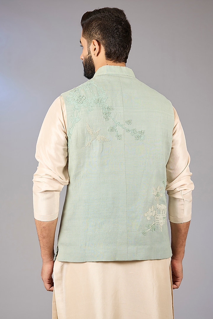 Ice Blue Silk Bundi Jacket by Sahil Kochhar Men at Pernia's Pop Up Shop