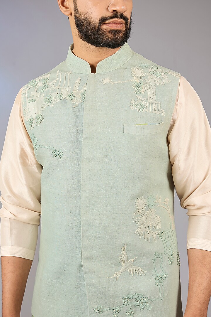 Ice Blue Silk Bundi Jacket by Sahil Kochhar Men at Pernia's Pop Up Shop