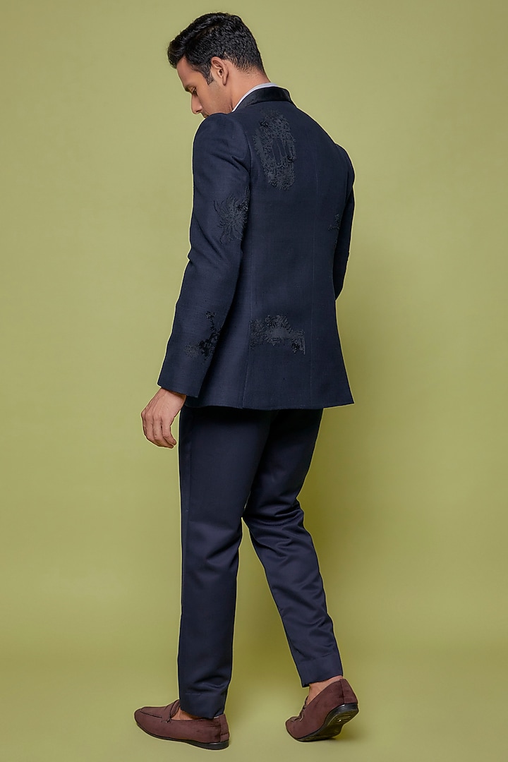 Blue Cotton Satin Embroidered Tuxedo Set by Sahil Kochhar Men at Pernia's Pop Up Shop