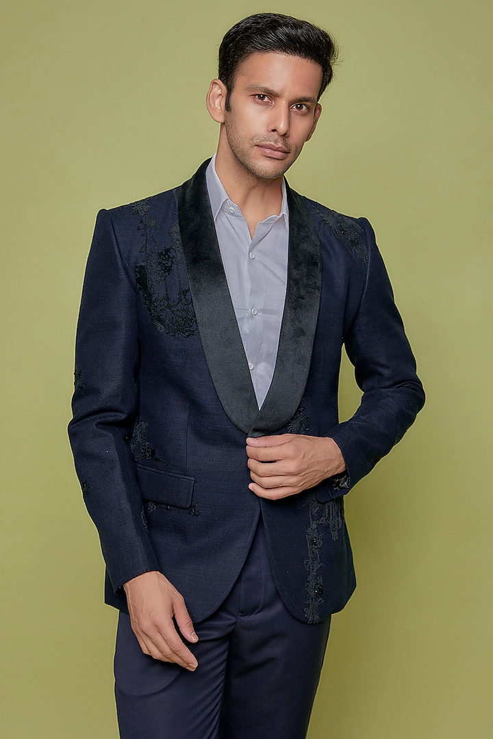 Blue Cotton Satin Embroidered Tuxedo Set by Sahil Kochhar Men at Pernia's Pop Up Shop