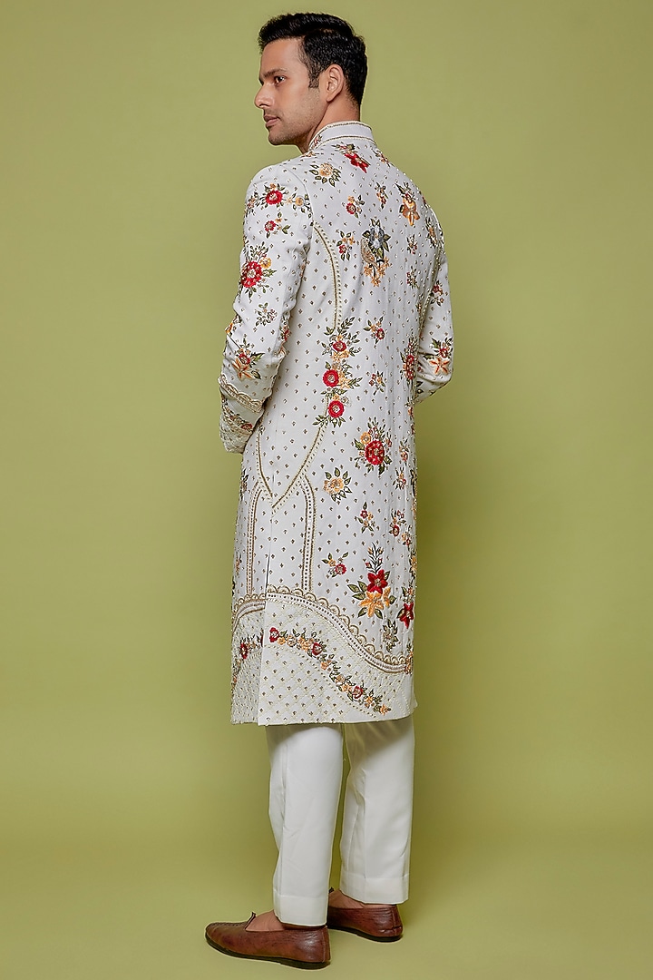 Ivory Matka Silk Embroidered Groom Sherwani Set by Sahil Kochhar Men at Pernia's Pop Up Shop