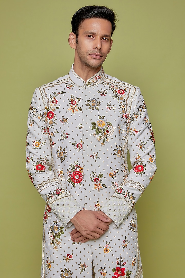 Ivory Matka Silk Embroidered Groom Sherwani Set by Sahil Kochhar Men at Pernia's Pop Up Shop