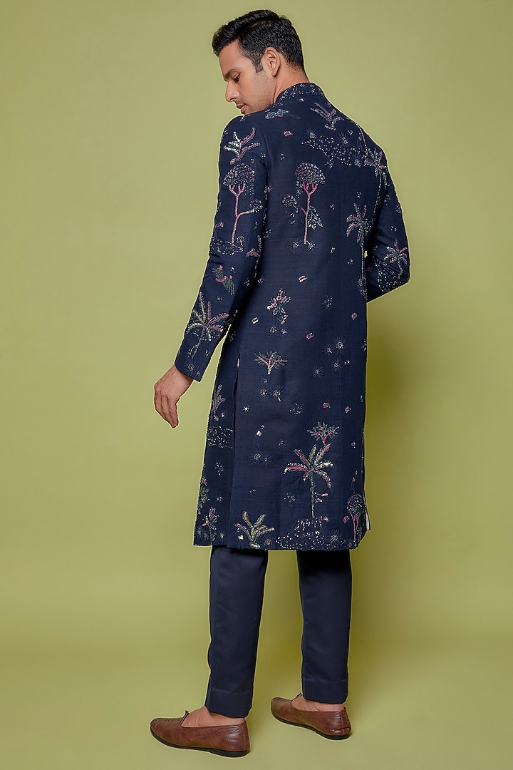 Blue Matka Silk 3D Applique Hand Embroidered Groom Sherwani Set by Sahil Kochhar Men at Pernia's Pop Up Shop