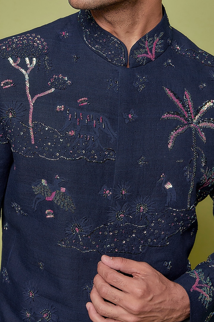 Blue Matka Silk 3D Applique Hand Embroidered Groom Sherwani Set by Sahil Kochhar Men at Pernia's Pop Up Shop