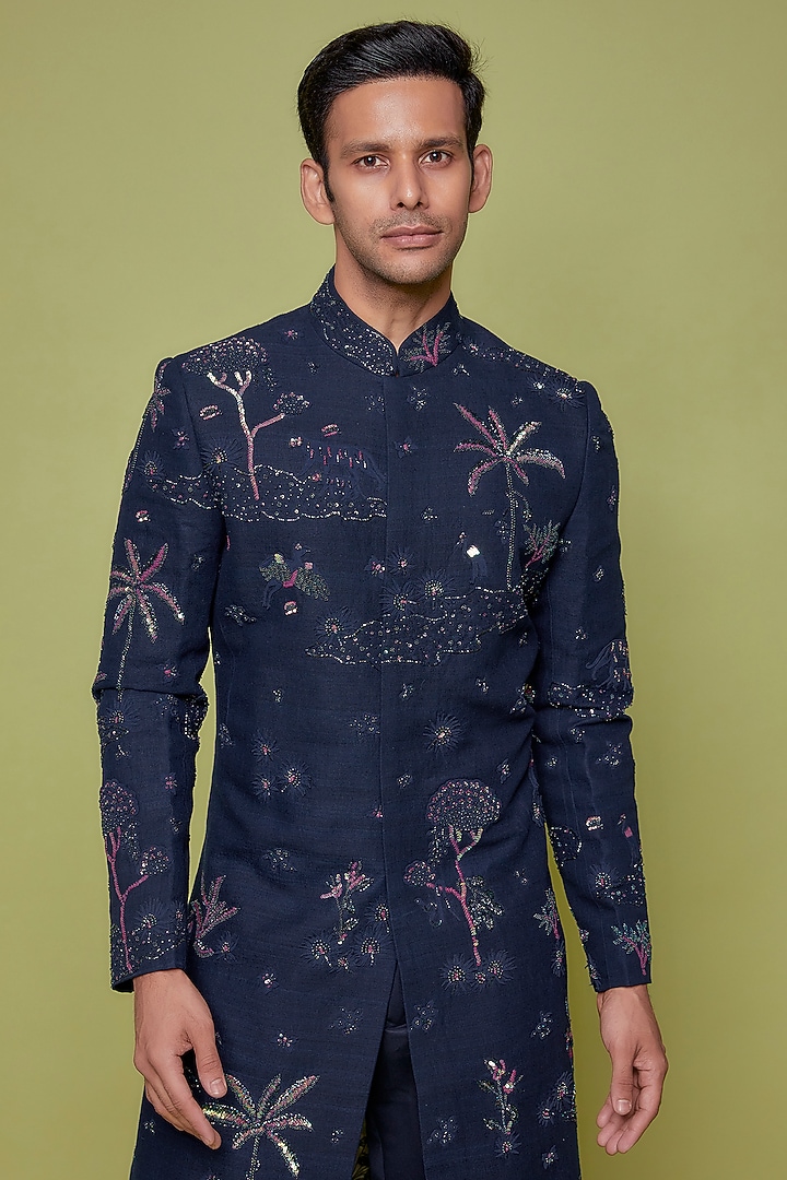 Blue Matka Silk 3D Applique Hand Embroidered Groom Sherwani Set by Sahil Kochhar Men at Pernia's Pop Up Shop