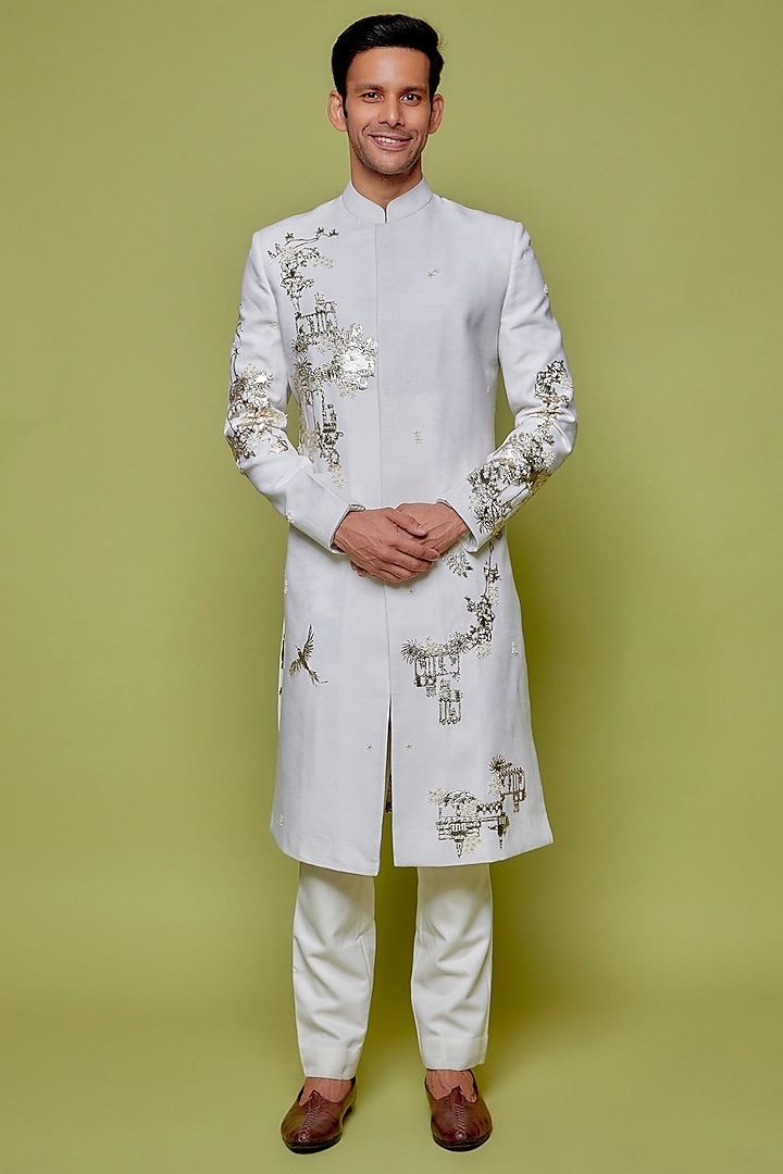 Off-White Matka Silk Embroidered Sherwani by Sahil Kochhar Men