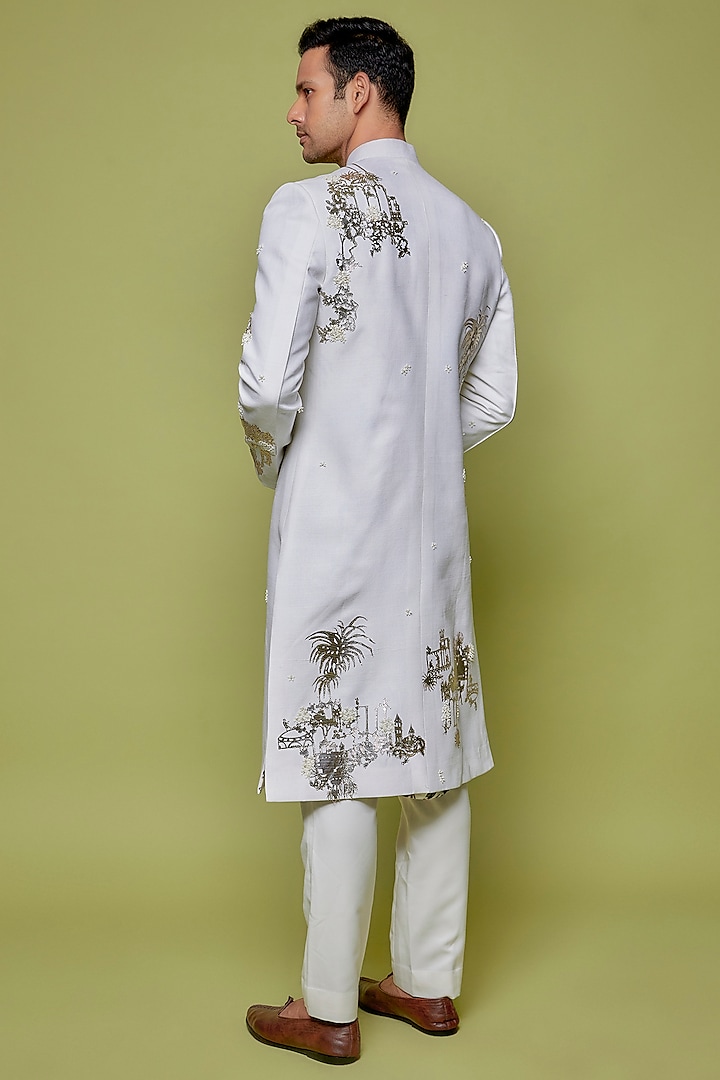 Off-White Matka Silk Embroidered Groom Sherwani by Sahil Kochhar Men at Pernia's Pop Up Shop