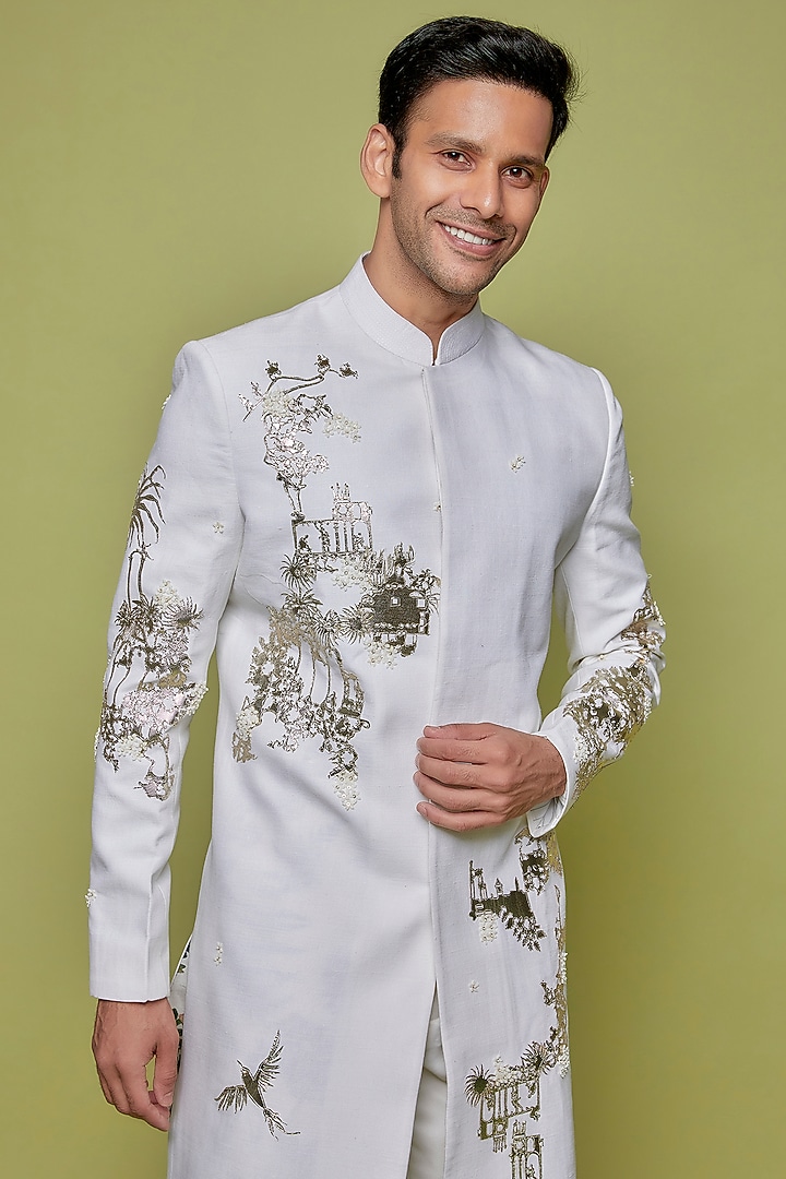 Off-White Matka Silk Embroidered Groom Sherwani by Sahil Kochhar Men at Pernia's Pop Up Shop