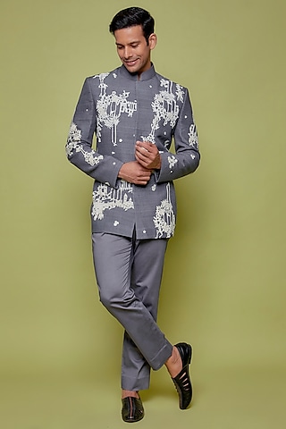 Grey Matka Silk Embroidered Bandhgala Set by Sahil Kochhar Men