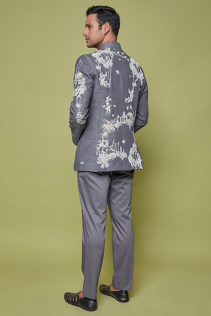 Grey Matka Silk Embroidered Groom Bandhgala Set by Sahil Kochhar Men at Pernia's Pop Up Shop