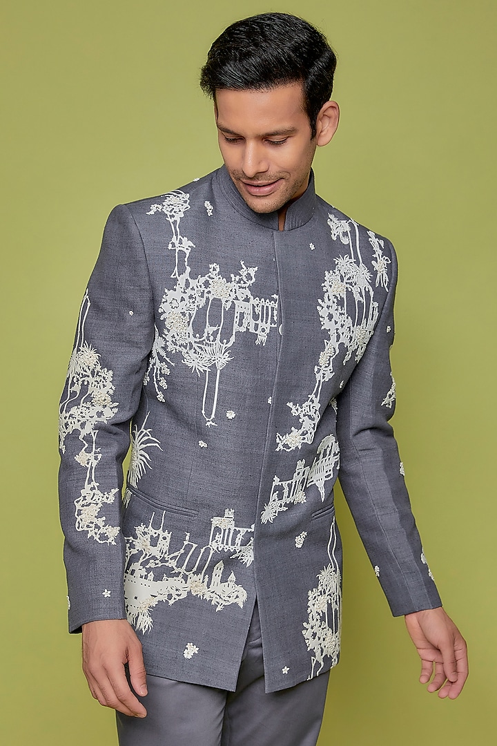 Grey Matka Silk Embroidered Groom Bandhgala Set by Sahil Kochhar Men at Pernia's Pop Up Shop