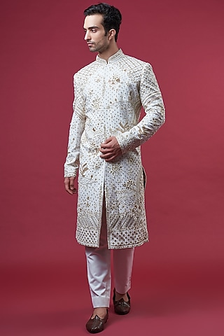 Ivory Matka Silk Embroidered Sherwani Set by Sahil Kochhar Men