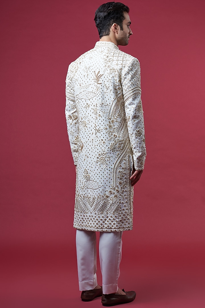Ivory Matka Silk Embroidered Groom Sherwani Set by Sahil Kochhar Men at Pernia's Pop Up Shop