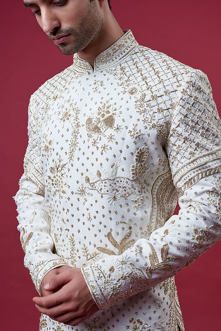 Ivory Matka Silk Embroidered Groom Sherwani Set by Sahil Kochhar Men at Pernia's Pop Up Shop