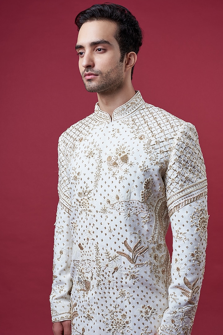 Ivory Matka Silk Embroidered Groom Sherwani Set by Sahil Kochhar Men at Pernia's Pop Up Shop